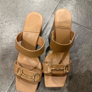 Jeffrey Campbell Tan Leather Heeled Slide Sandals with Gold Hardware